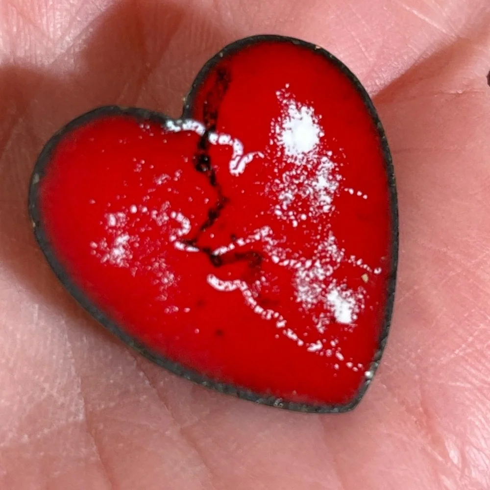 Vintage 1960 70 MCM modernist  Red Enamel Broken Heart copper Goth Brooch Pin